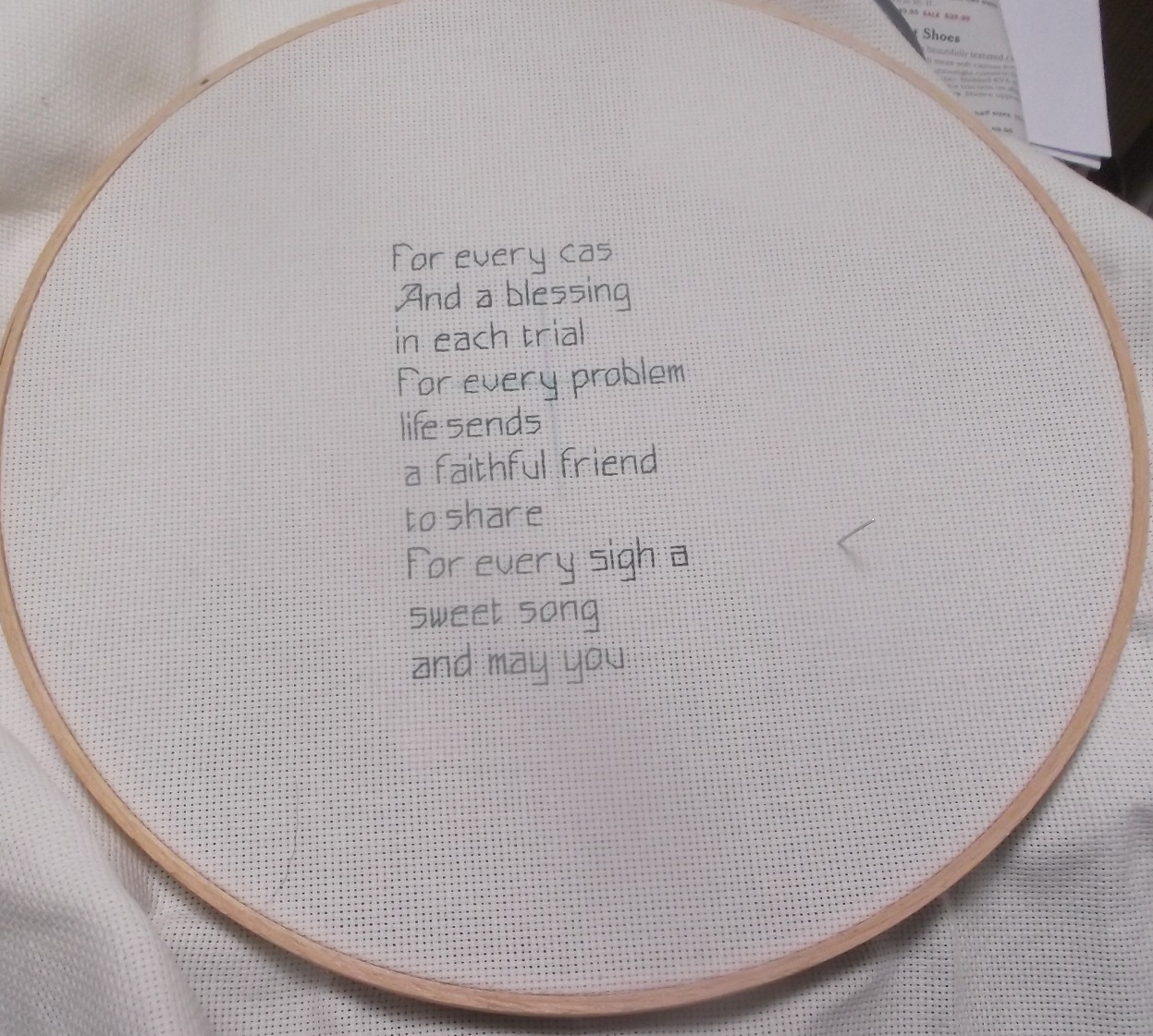 Photo I took of Irish Prayer counted cross stitch project that I'm working on Photo I took of Irish Prayer counted cross stitch project that I'm working on