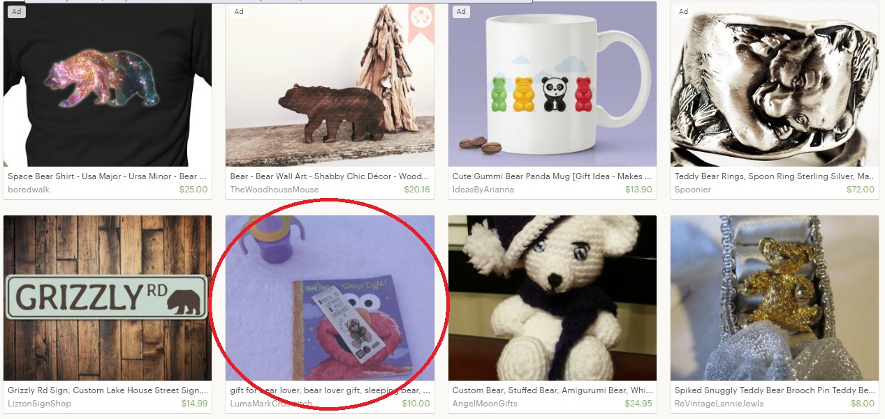 screencap of Etsy search page with my item circled in red by me on Microsoft Paint screencap of Etsy search page with my item circled in red by me on Microsoft Paint