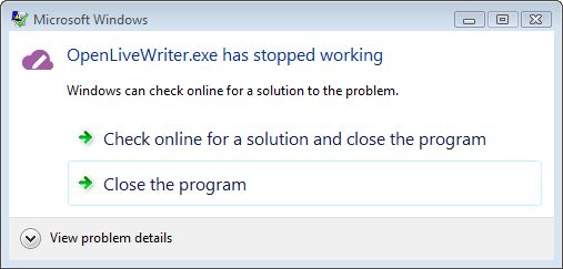 Microsoft Windows Windows Live Writer error-popup