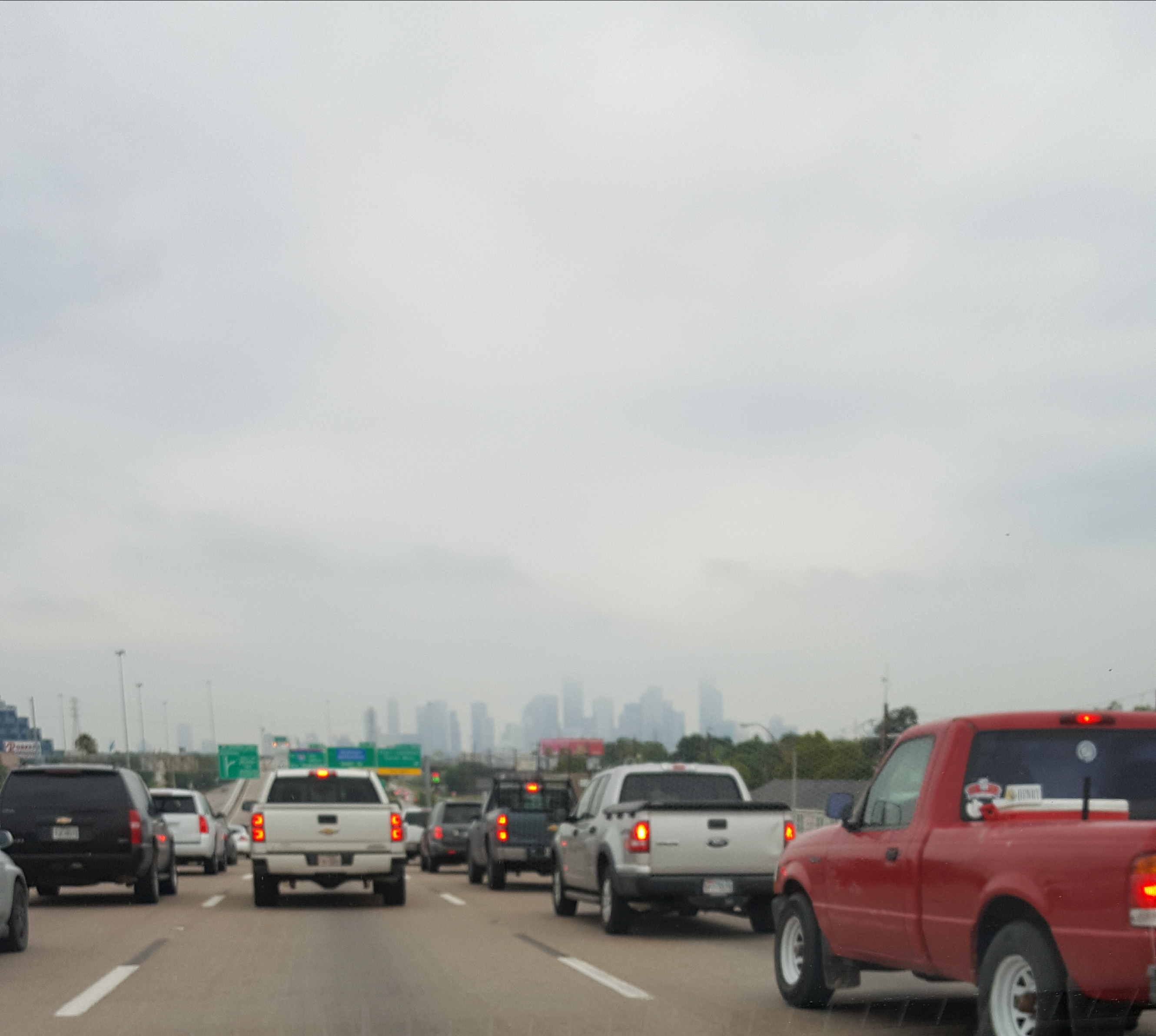 The hazy Houston skyline this morning about 8:30 a.m. CDT. Yes, we were stopped.