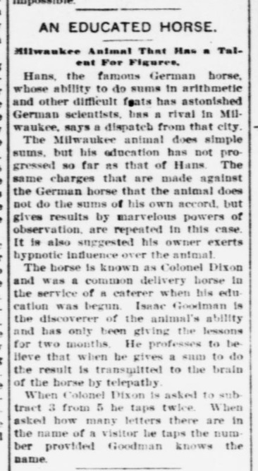 Colonel Dixon, Educated Horse Article 1905 Newspaper