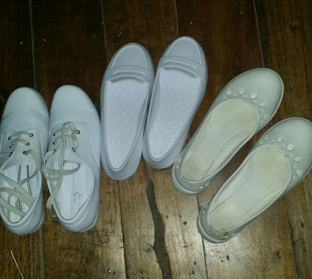 my 3 pairs of duty shoes all with different shades of white. my 3 pairs of duty shoes all with different shades of white.