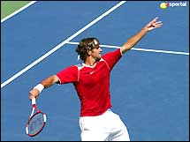 Roger Federer - This is a photo of Roger Federer serving. Federer, current world champion in Tennis, is believed by many, to be one of the legends the game has ever seen. His total of nine Grand Slam victories(a win in one of:US Open,Wimbledon,Aus Open,French Open)places him sixth on the all-time list. That's more than Andre Agassi, Ivan Lendl, Jimmy Connors and John McEnroe. With one more, Federer will tie Bill Tilden for fifth on the career list. At just 25 years old, the only question remaining: Will he will pass Pete Sampras' record of 14 majors?