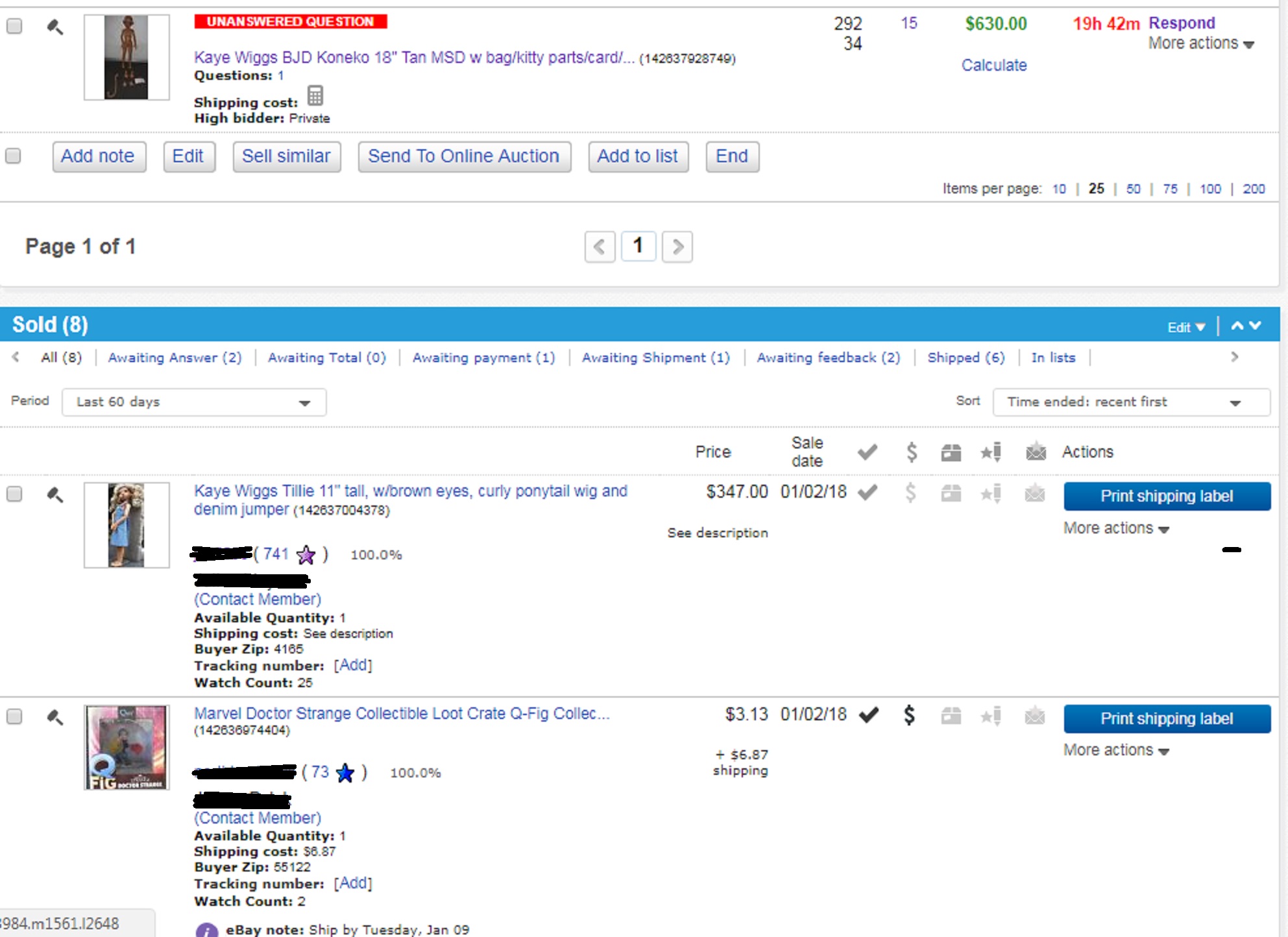 Screen cap of my ebay items