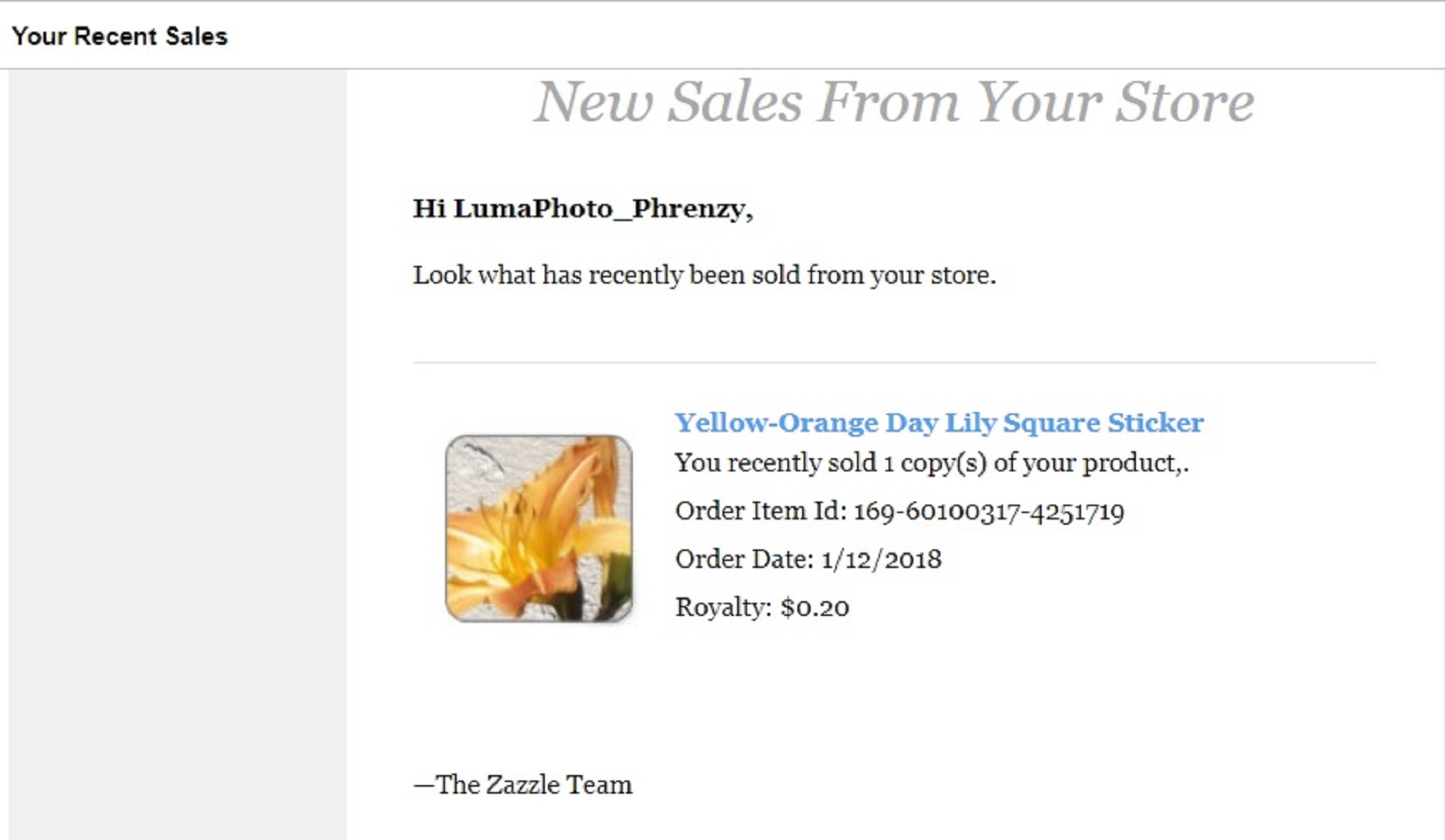 Screen cap of email of my first Zazzle sale