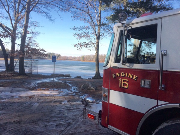 A firetruck from Springfield Massachusetts near the Five Mile Pond A firetruck from Springfield Massachusetts near the Five Mile Pond