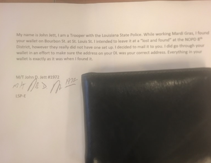A note from John Jett to Facebook to report the great deed of returning a lost wallet