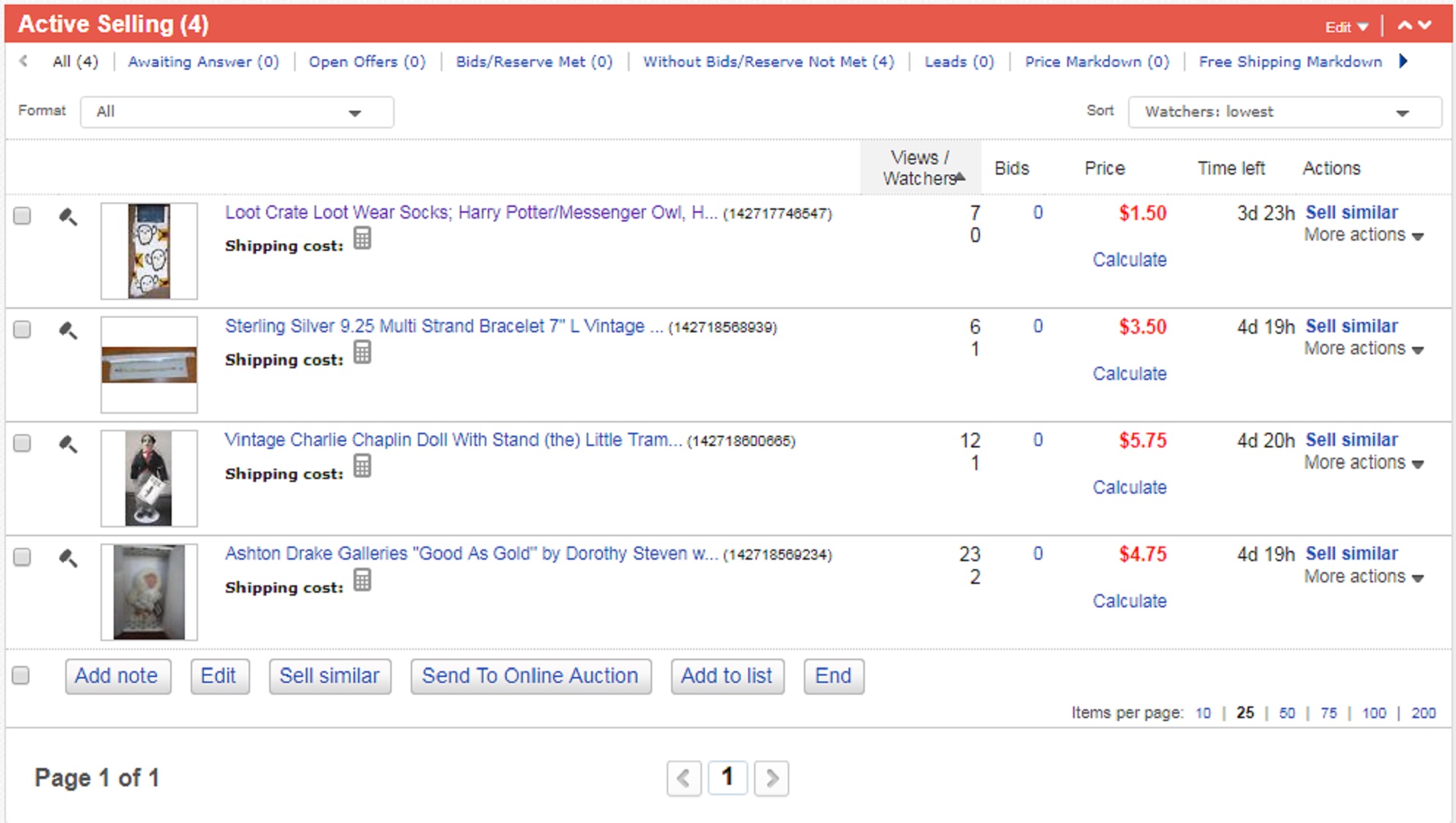 Screencap of my current eBay auctions