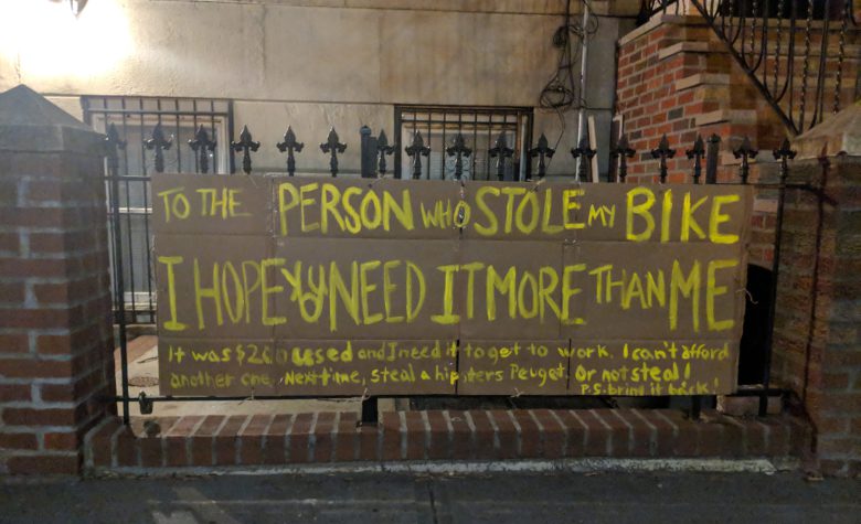 A sign in an apartment in New York City to report a stolen bicycle.