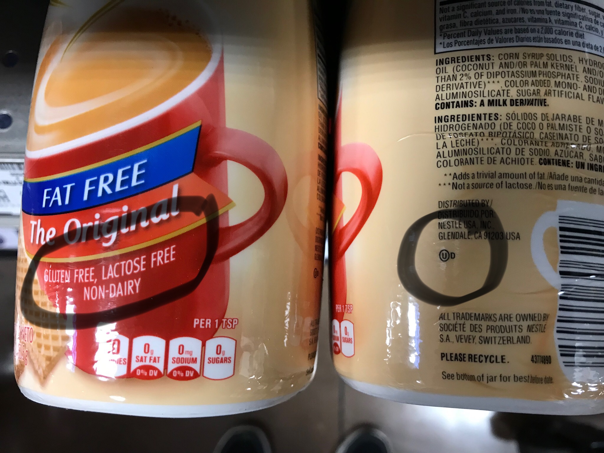 The Coffee Mate label, listed as non-dairy but given a dairy label. Photo taken by and the property of FourWalls. The Coffee Mate label, listed as non-dairy but given a dairy label. Photo taken by and the property of FourWalls.