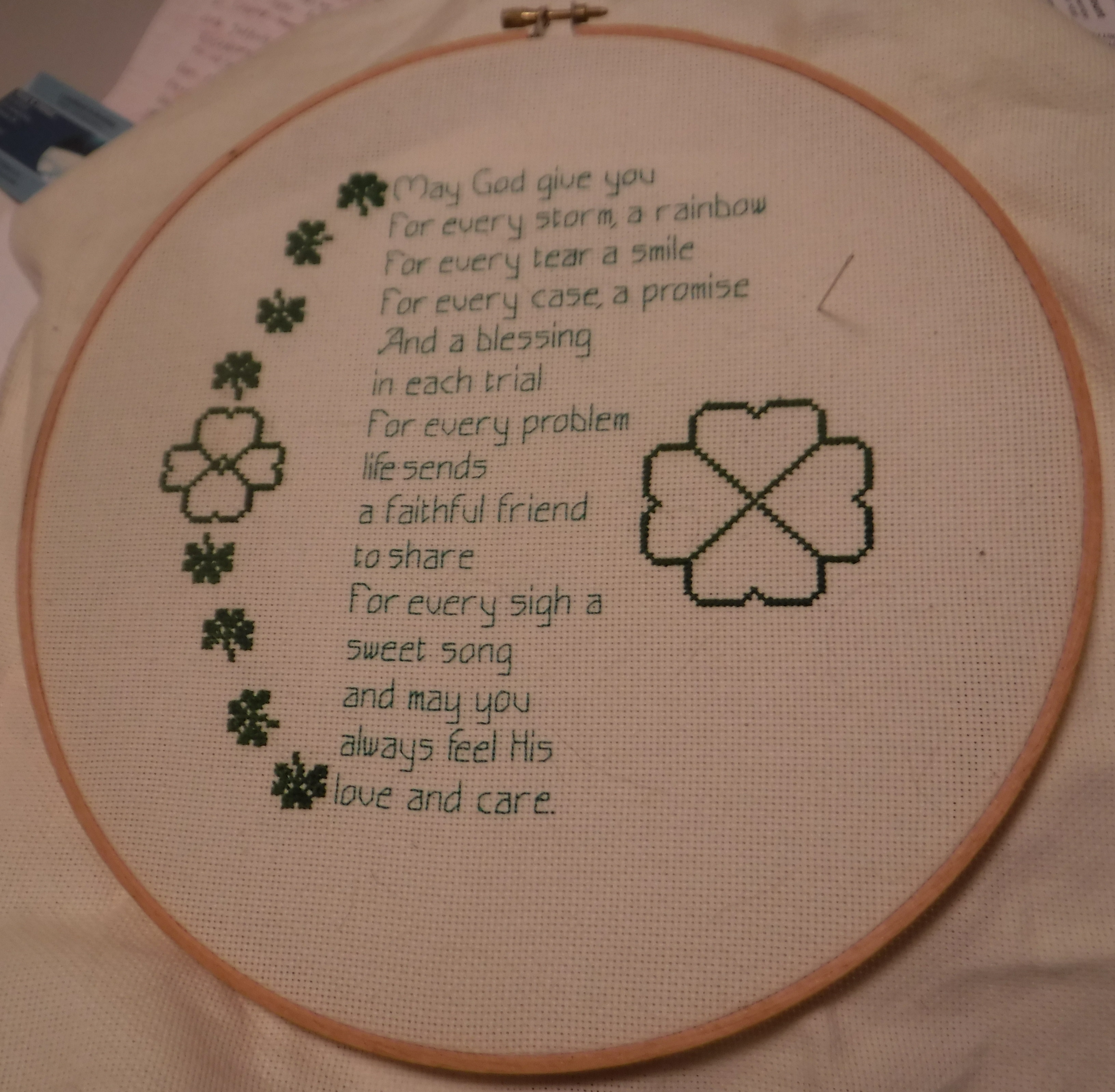 Photo of the Irish Blessing counted cross stitch that I can't finish yet