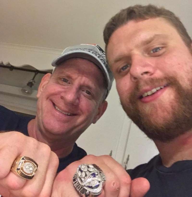 Ted Karras Junior and his son Ted Karras III with their Super Bowl rings. Ted Karras Junior and his son Ted Karras III with their Super Bowl rings.