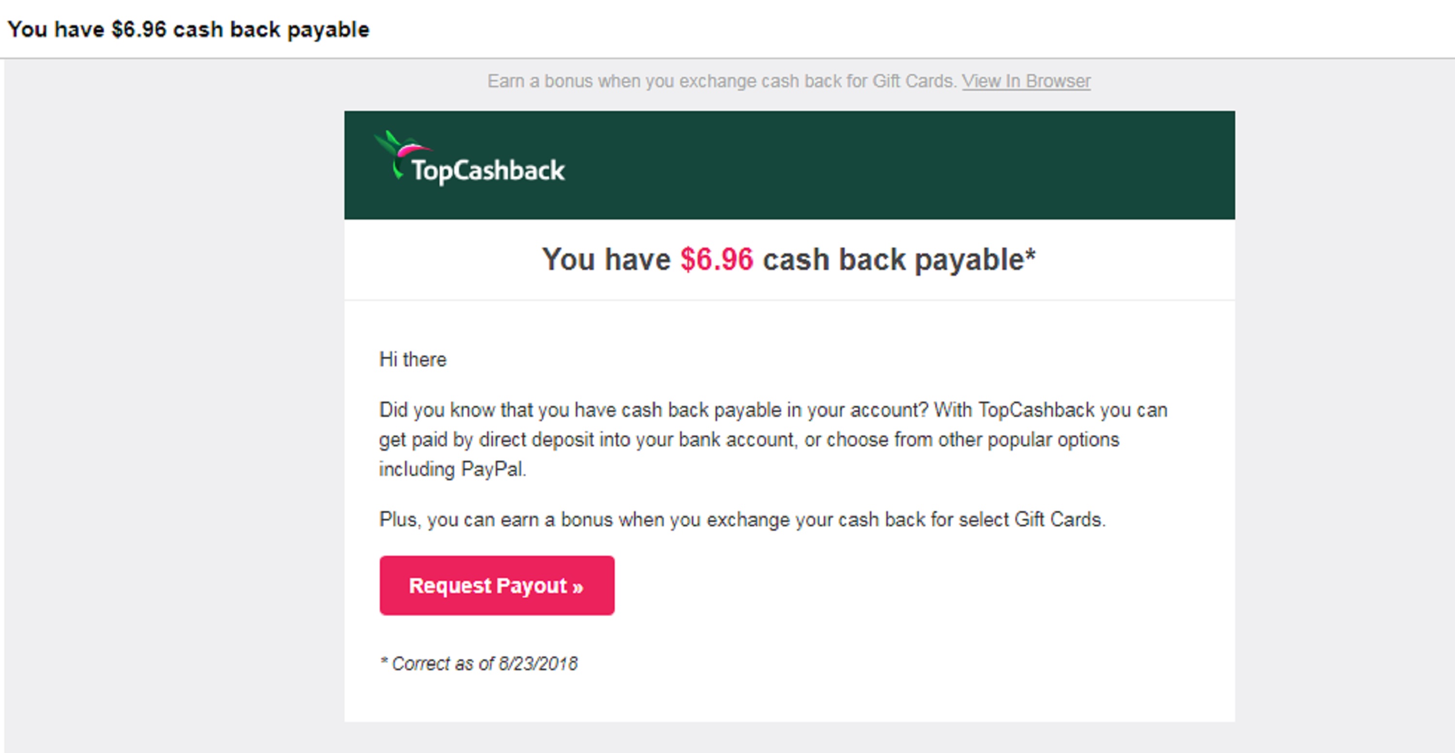 Screencap of my email from Top Cash Back