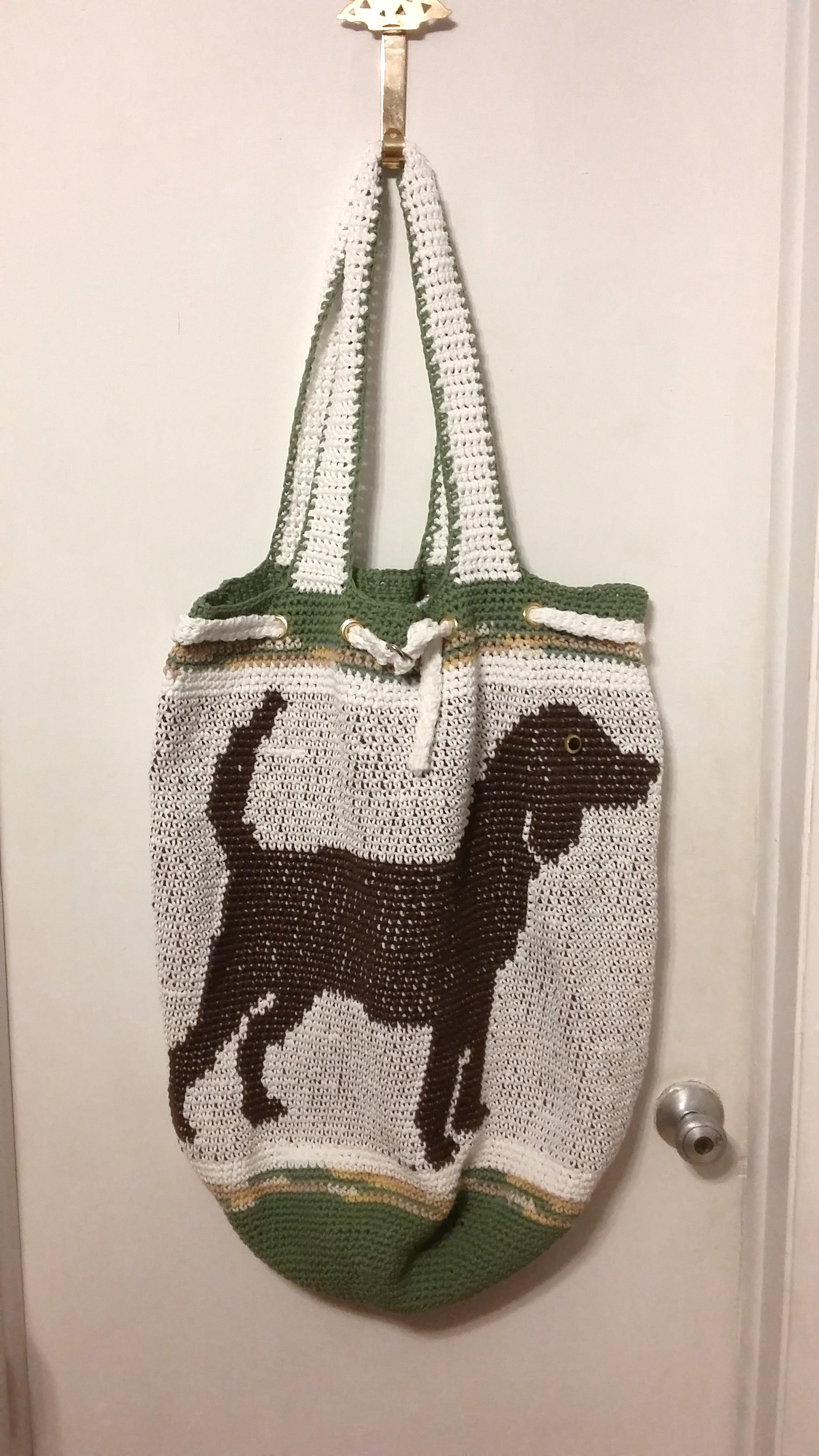 Tapestry Drawstring Round Bottom Bag with Dog