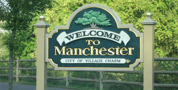 Sign that welcomes visitors to Manchester Connecticut Sign that welcomes visitors to Manchester Connecticut