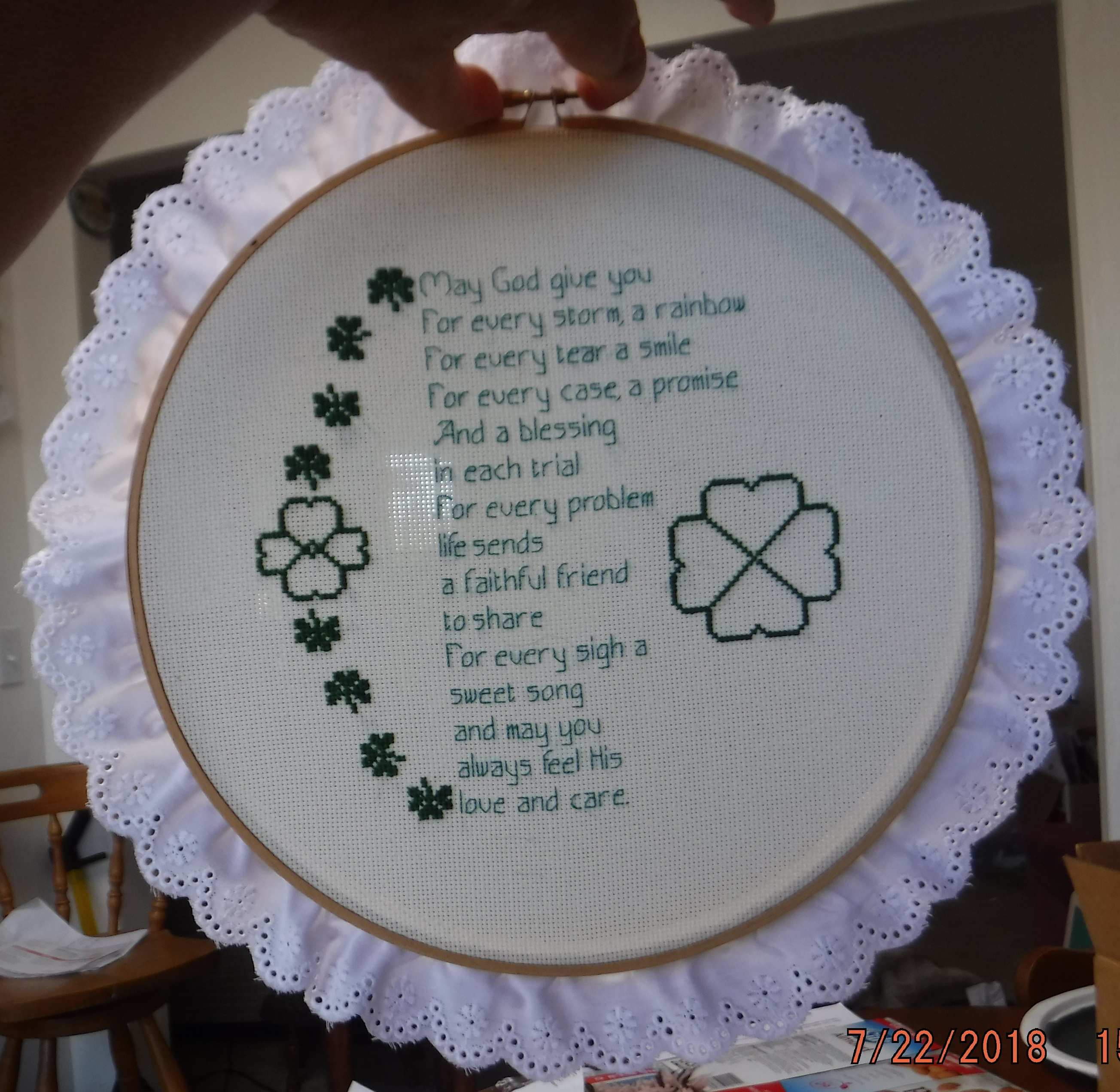 Photo I took of me holding the Irish Blessing cross stitch I tried to put into my shop today Photo I took of me holding the Irish Blessing cross stitch I tried to put into my shop today