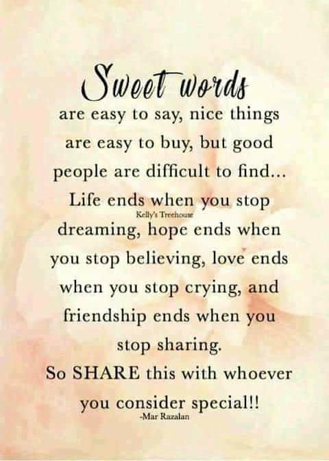 "Sweet words are easy to say, nice things are easy to buy, but good people are difficult to find... Life ends when you stop dreaming, hope ends when you stop believing, love ends when you stop crying, and friendship ends when you stop sharing.... Mar Razalan" https://scontent-dfw5-1.xx.fbcdn.net/v/t1.15752-9/37408400_2105775069676950_3500951512257921024_n.jpg?_nc_cat=111&_nc_eui2=AeEvVRwGq9MU_HiubO7Ugpmu6q4UVQ2kd--RFeyeWBx81vyUh_mvFjSKgK-1FLvpzwKSfIkRHvvlENU7WnCfdugT2dindL0R-9XqNe8a_A935w&oh=48c4410468ecf44c341a5115883bfeed&oe=5C583924