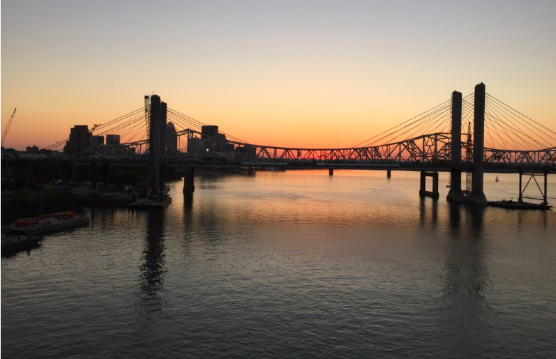 Sunset from the Big Four Bridge during construction of the Lincoln Bridge, 2015.  Photo taken by and the property of FourWalls.