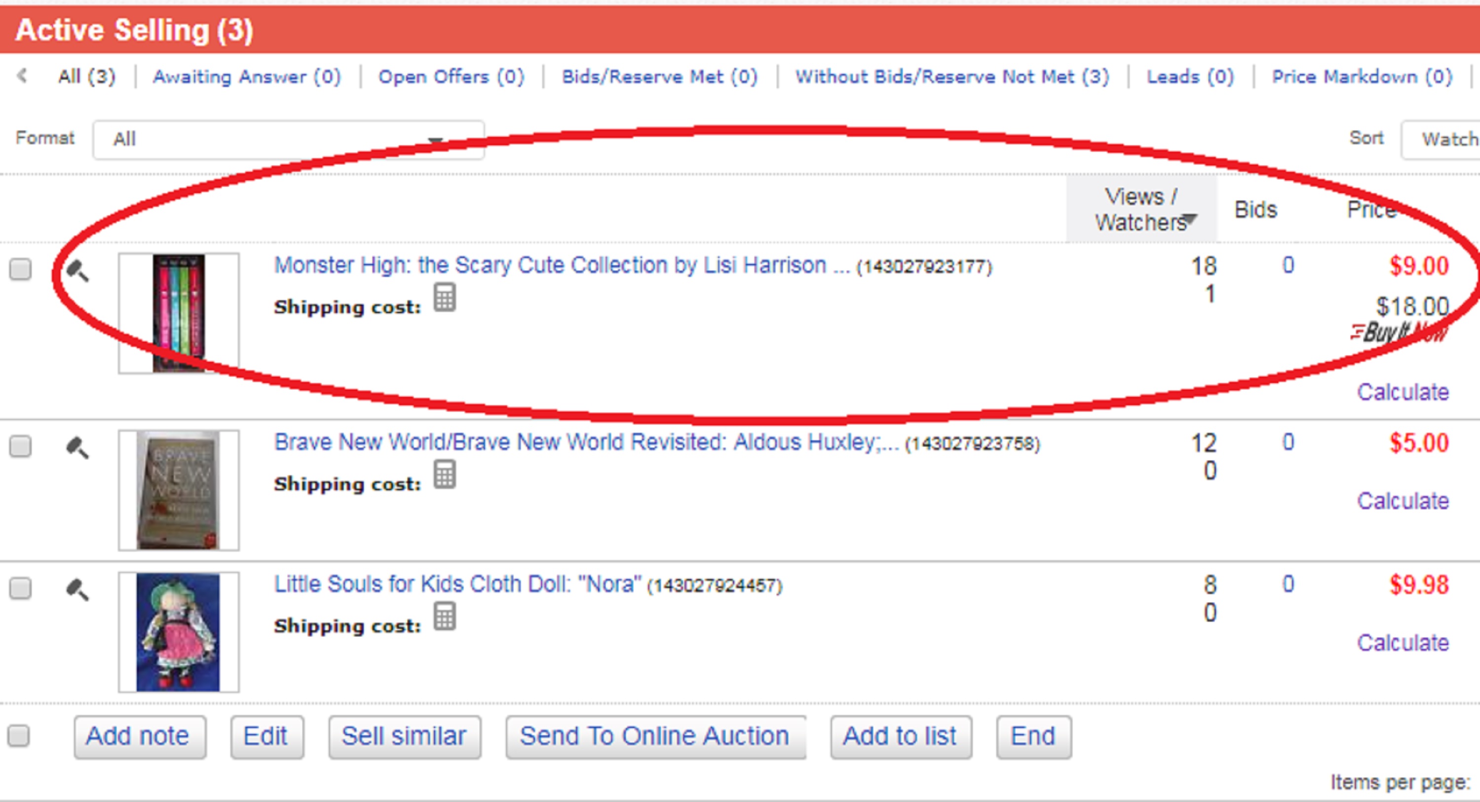 Screencap of my current eBay auctions Screencap of my current eBay auctions