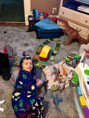 Riley and his collection of dinosaurs. 
