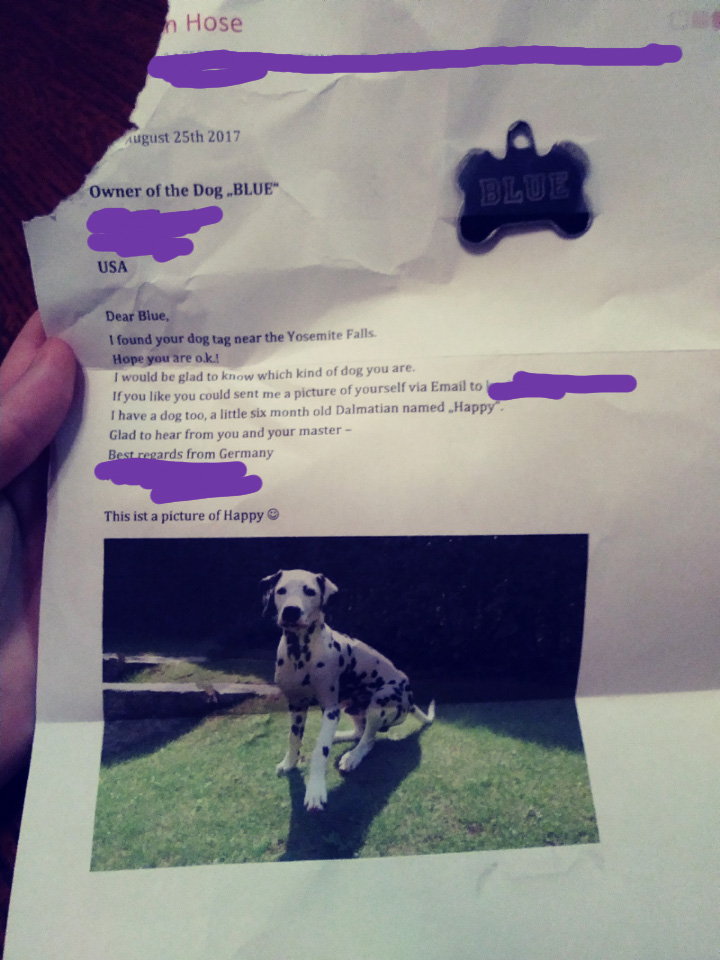 A letter from a German tourist who found a lost dog tag in Yosemite A letter from a German tourist who found a lost dog tag in Yosemite