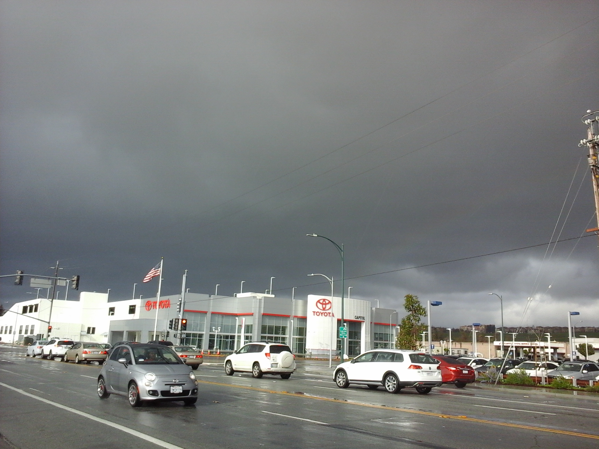 Capitol Toyota at Capitol Auto Mall IN San Jose, rainy sky