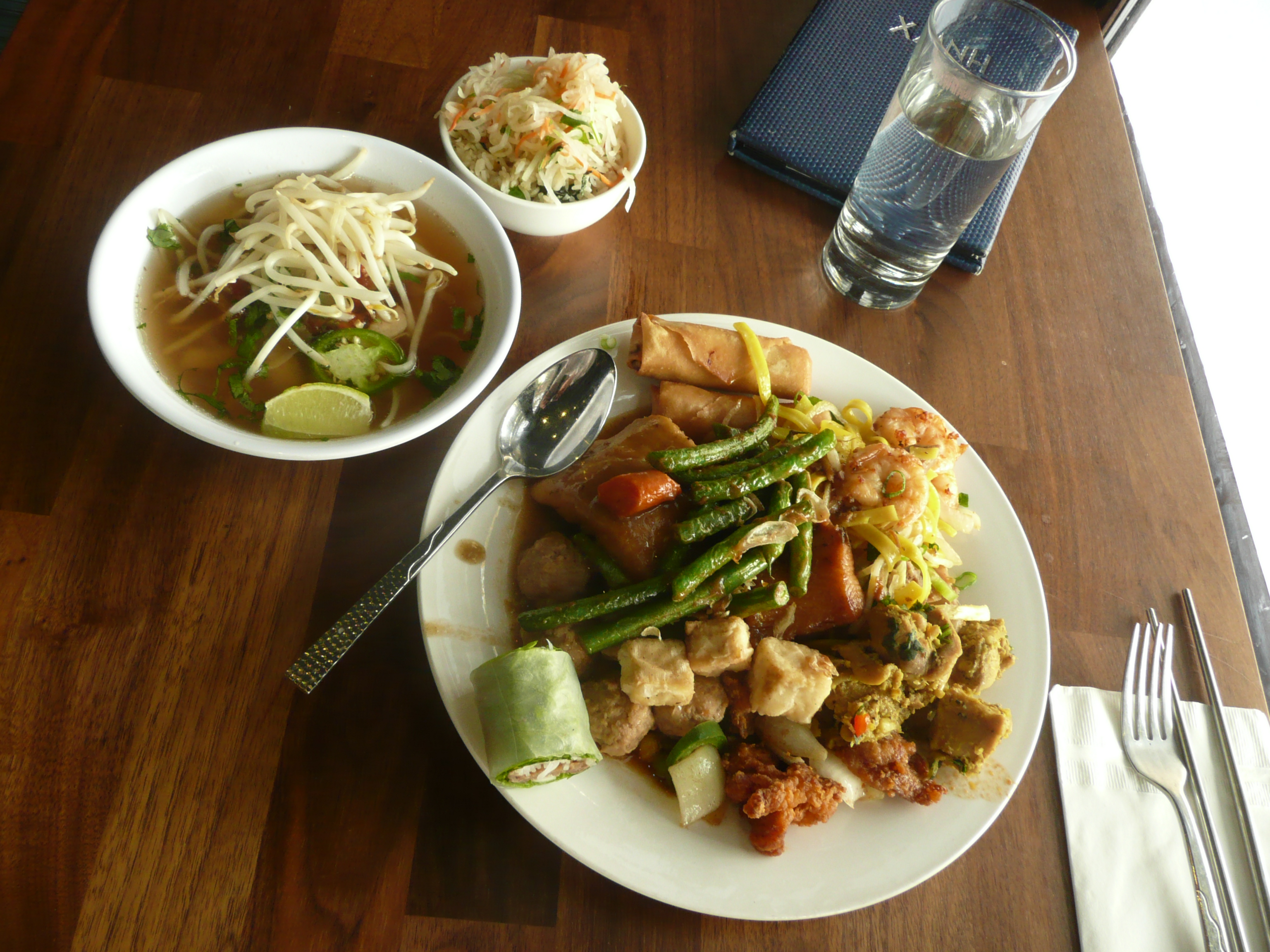 food,bean sprout,broth,pho,egg roll