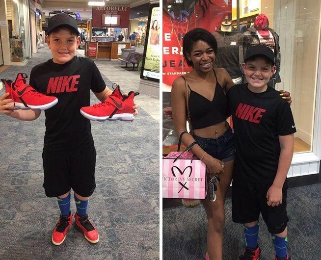 Tinyia Frank and a young boy who has new sneakers to play basketball