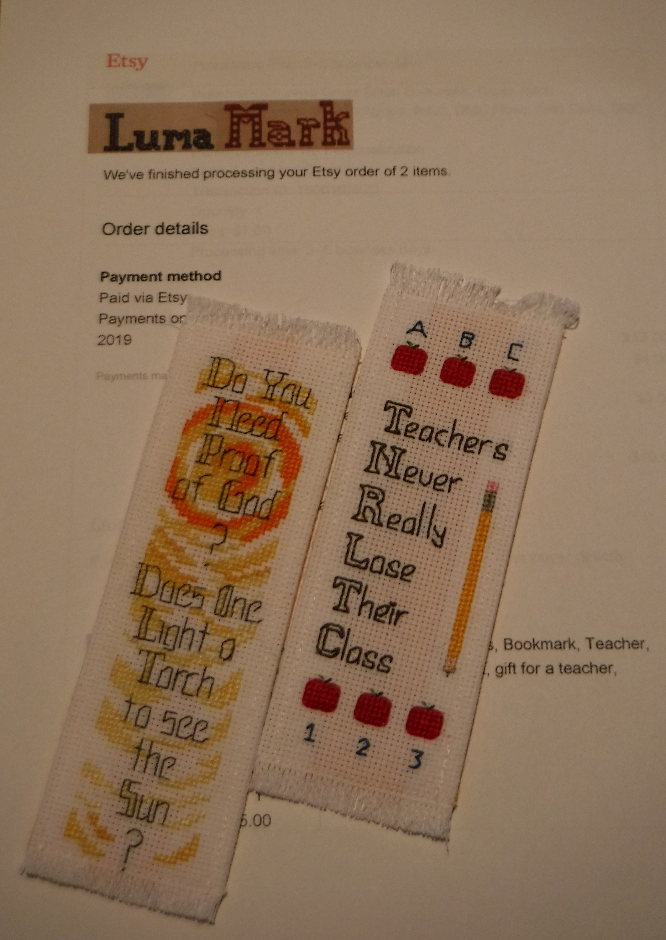 Photo I took of the bookmarks I sold on their invoice