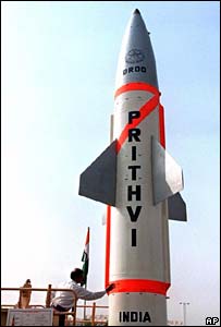 Prithvi missile - India has successfully tested a short-range ballistic missile capable of carrying nuclear warheads, according to defence officials.  The Prithvi missile was launched from Chandipur in the eastern state of Orissa into the Bay of Bengal at 0955 local time (0425 GMT).  It was part of an air defence exercise, and more trials are expected in the coming weeks, the defence sources said. The test comes three days after a missile was tested by Pakistan. The two countries recently announced they would prepare a deal to limit the risk of an inadvertent nuclear conflict.  The two sides met in the Indian capital, Delhi, last week for peace talks, the first between the South Asian neighbours since July's train bombings in Mumbai (Bombay).