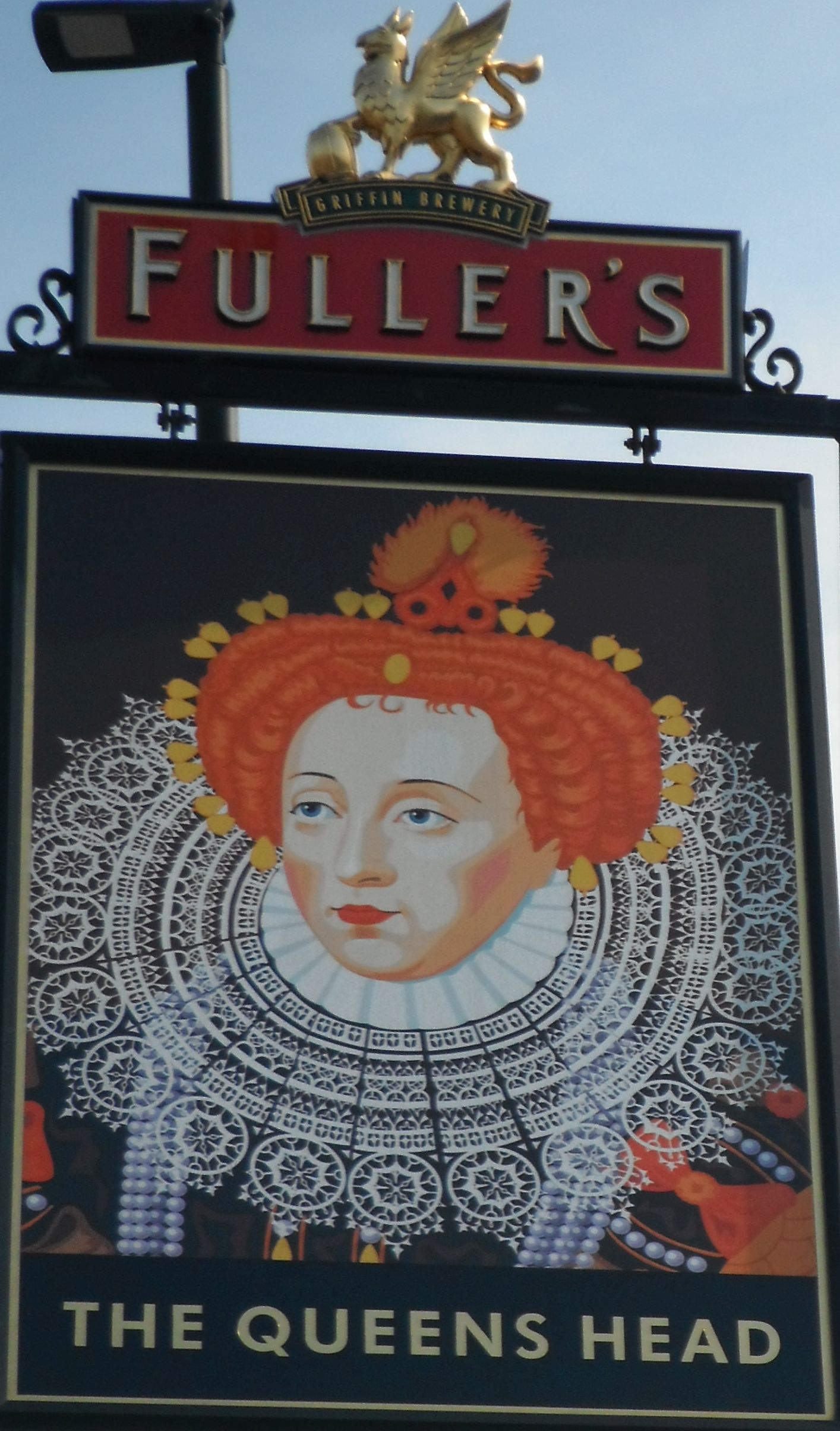 Photo taken by me – pub sign for the Queen’s Head, Cranford, Greater London. Photo taken by me – pub sign for the Queen’s Head, Cranford, Greater London.