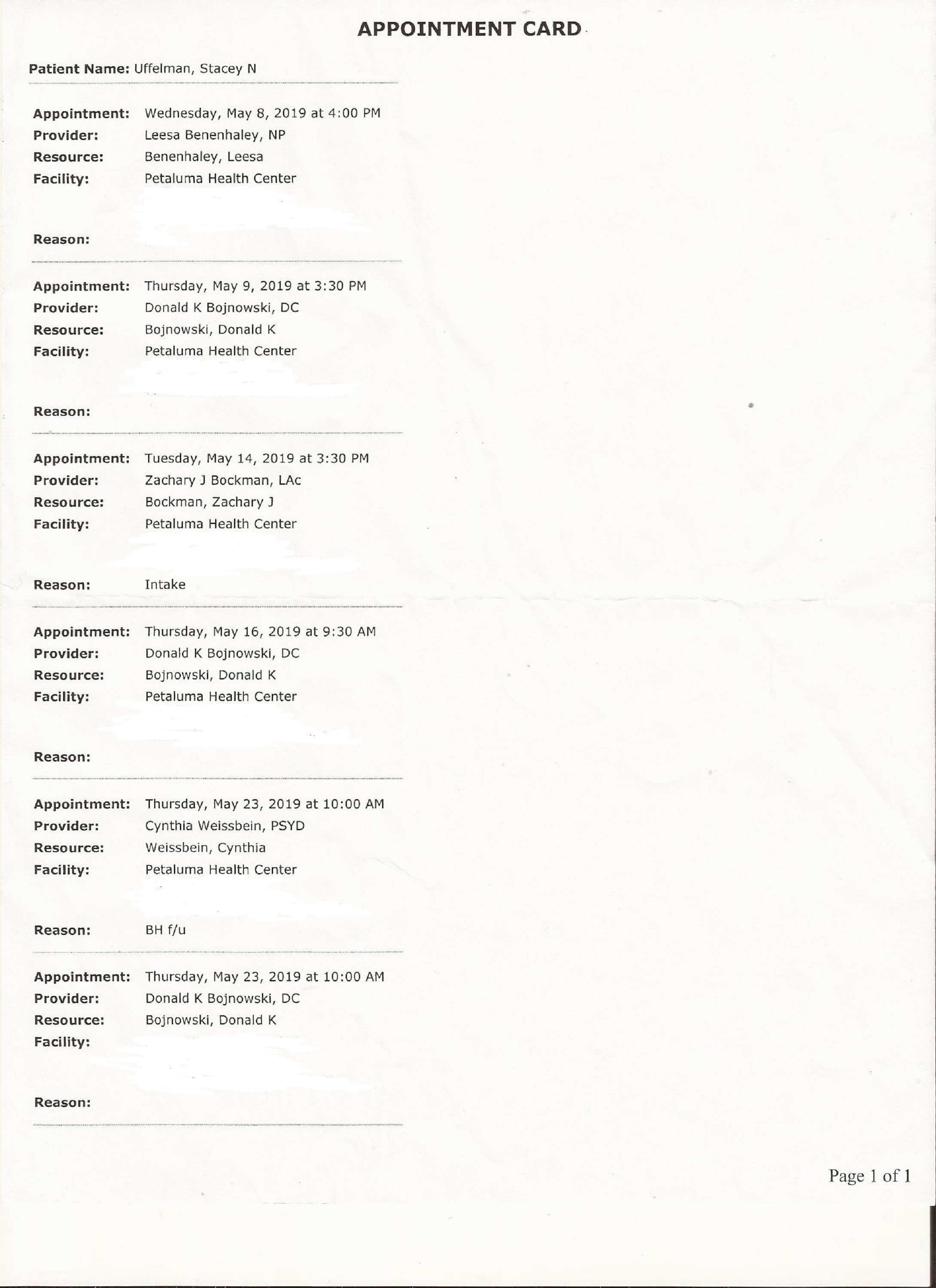 Scan I took of a  paper with my upcoming apoingments