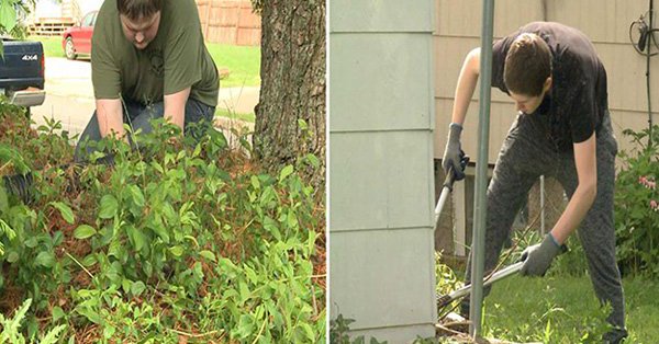 Teens in Dubuque Iowa learning lawn cleaning skills for extra credit 