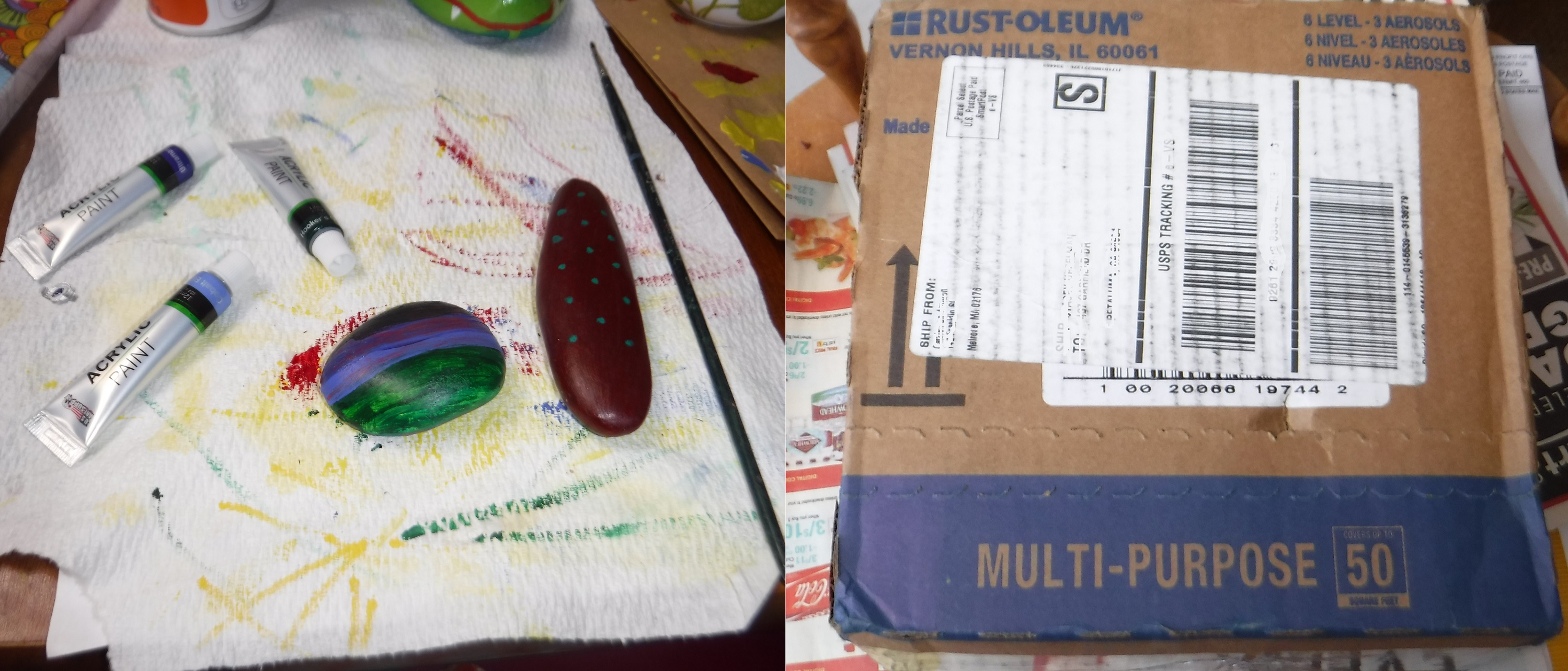 "Collage" I made from two photos--rocks I painted today, and the box that the sealant came in. "Collage" I made from two photos--rocks I painted today, and the box that the sealant came in.