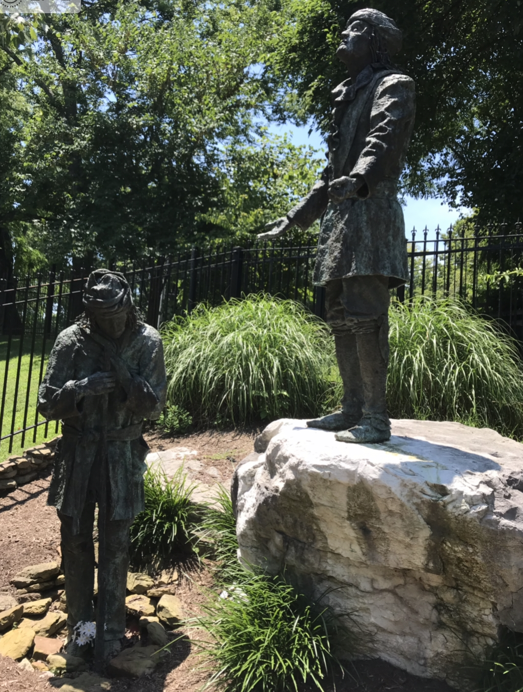 Sculpture depicting Whitpath and Fly Smith near their graves at the Trail of Tears Park in Hopkinsville, Kentucky. Photo taken by and the property of FourWalls. Sculpture depicting Whitpath and Fly Smith near their graves at the Trail of Tears Park in Hopkinsville, Kentucky. Photo taken by and the property of FourWalls.