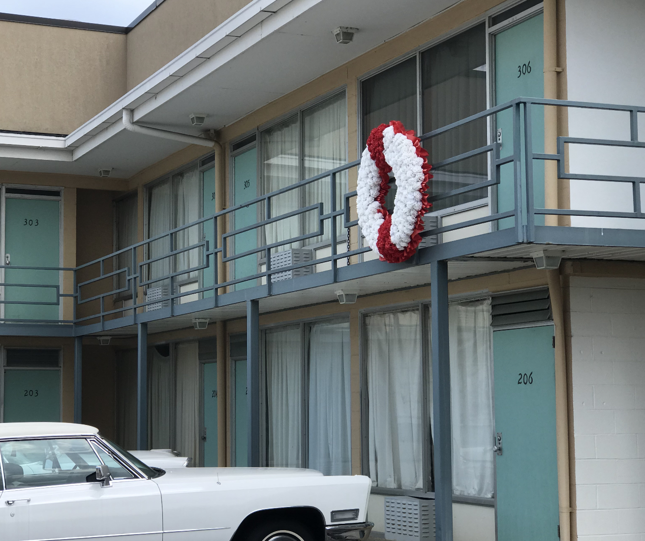 The wreath in front of the place where Martin Luther King was fatally wounded on April 4, 1968. Photo taken by and the property of FourWalls. The wreath in front of the place where Martin Luther King was fatally wounded on April 4, 1968. Photo taken by and the property of FourWalls.
