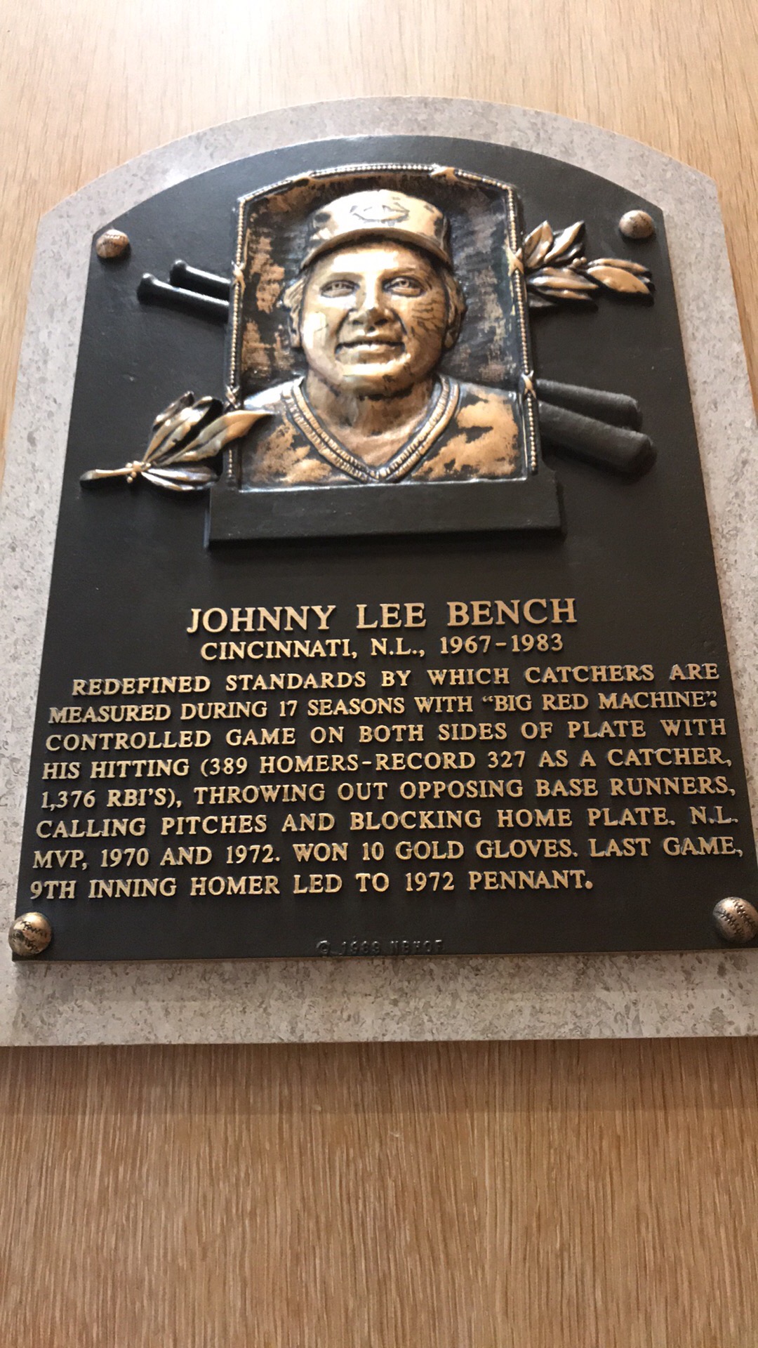 The plaque for Cincinnati Reds great Johnny Bench at the Baseball Hall of Fame.  Photo taken by and the property of FourWalls.