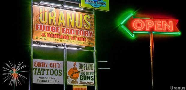 Photo is of the hiway sign of the Uranus Fudge Factory. Photo is used under the Fair Use Copyright.