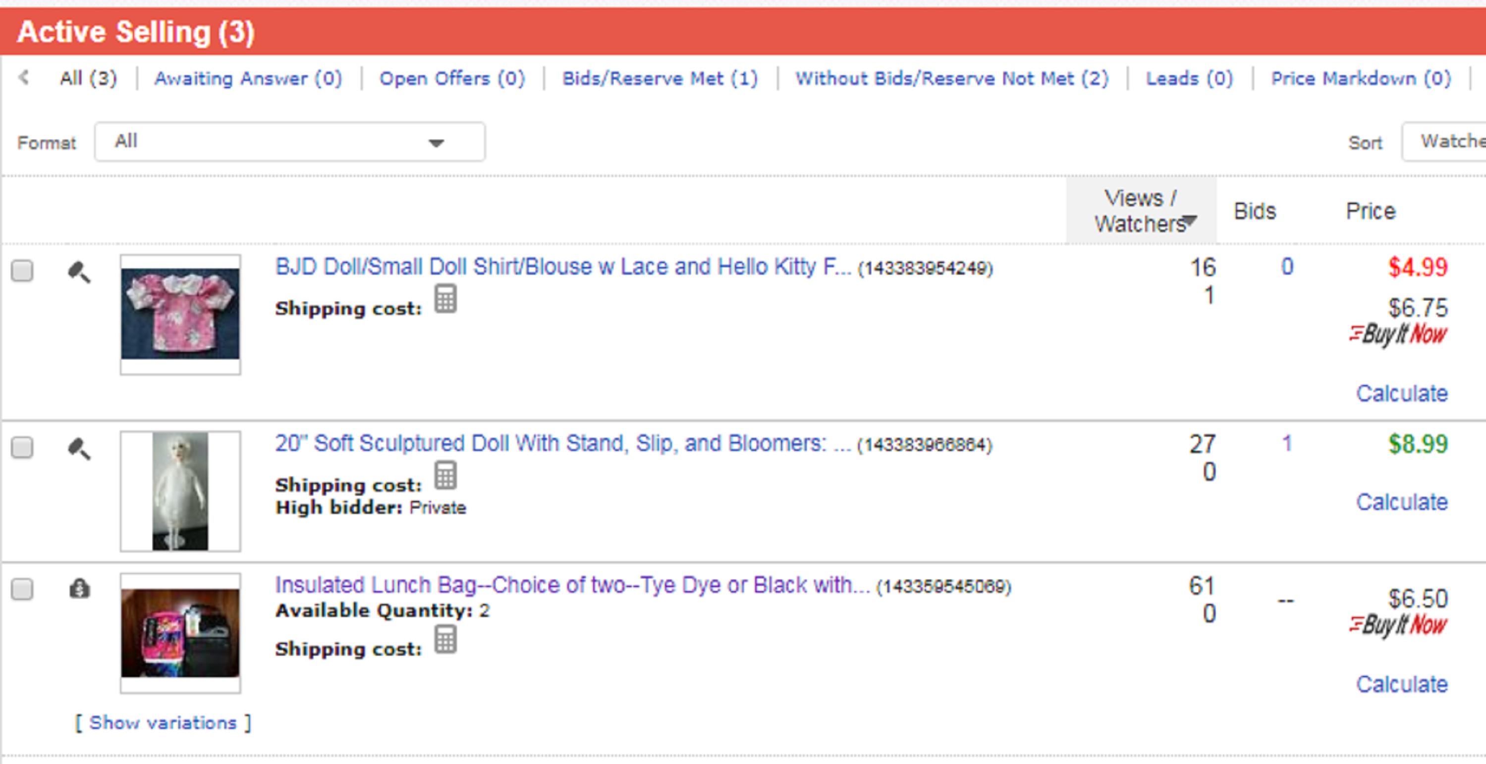 Screencap of my current eBay auctions Screencap of my current eBay auctions