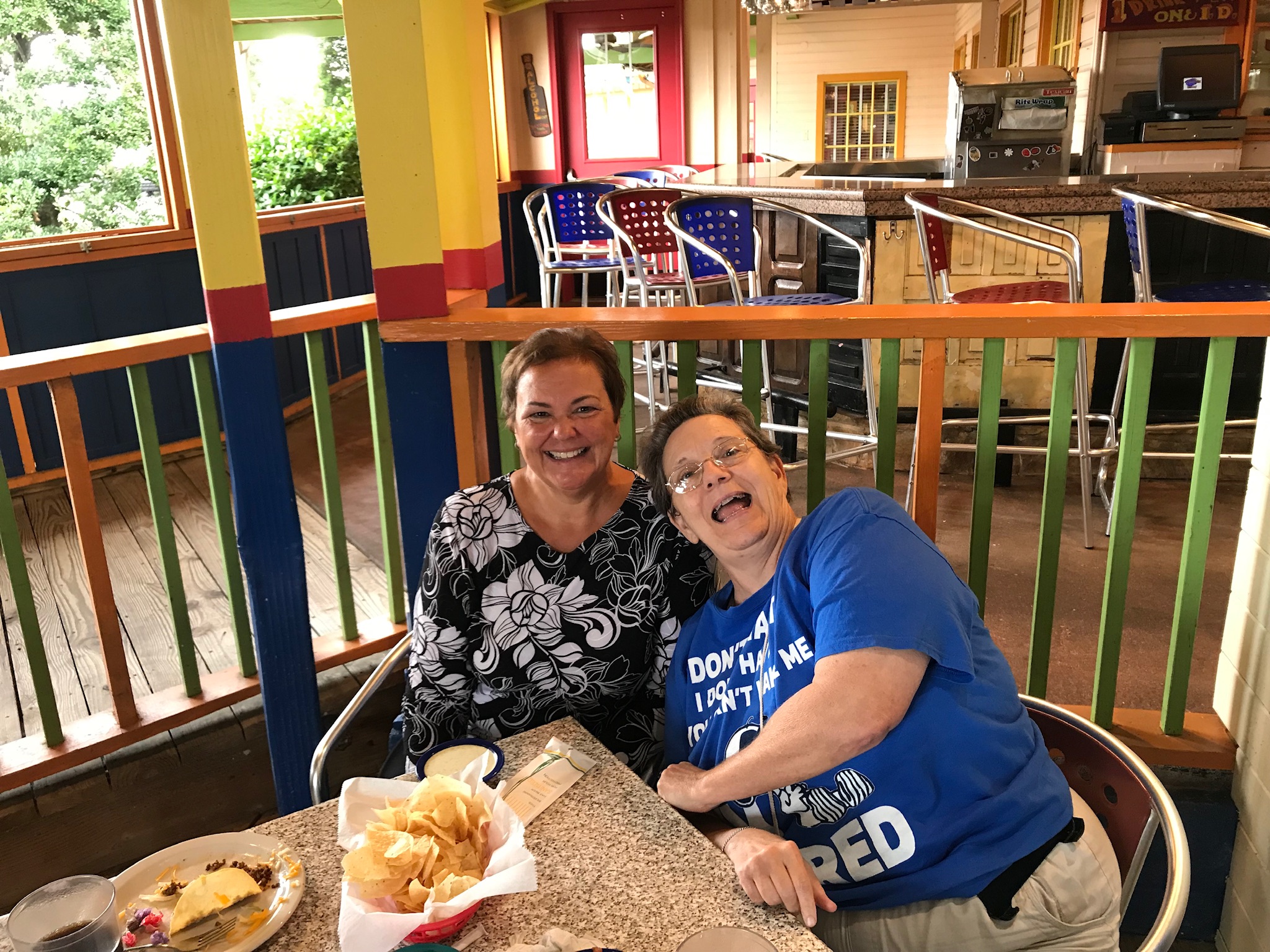 Lori and I sharing an after-lunch mugging for the camera. Taken by Anthony (a waiter at Chuy’s) on FourWalls’ phone. Lori and I sharing an after-lunch mugging for the camera. Taken by Anthony (a waiter at Chuy’s) on FourWalls’ phone.