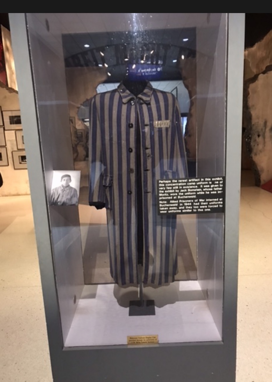 One of the most recognizable symbols of The Holocaust: the prison uniform, on display at the National Museum of the U.S. Air Force in Dayton. Photo taken by and the property of FourWalls. One of the most recognizable symbols of The Holocaust: the prison uniform, on display at the National Museum of the U.S. Air Force in Dayton. Photo taken by and the property of FourWalls.