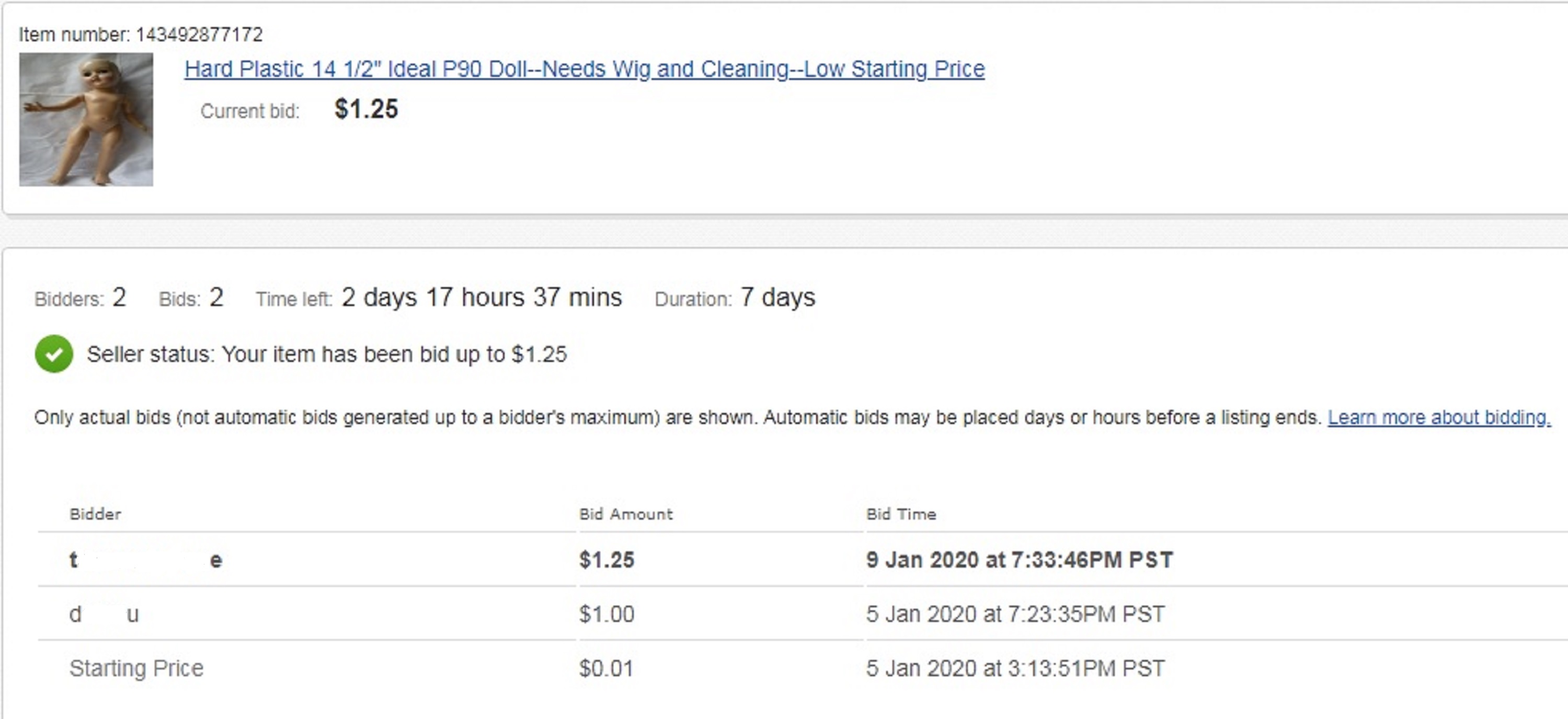 Screencap of my auction on eBay after it got a (second) second bid Screencap of my auction on eBay after it got a (second) second bid