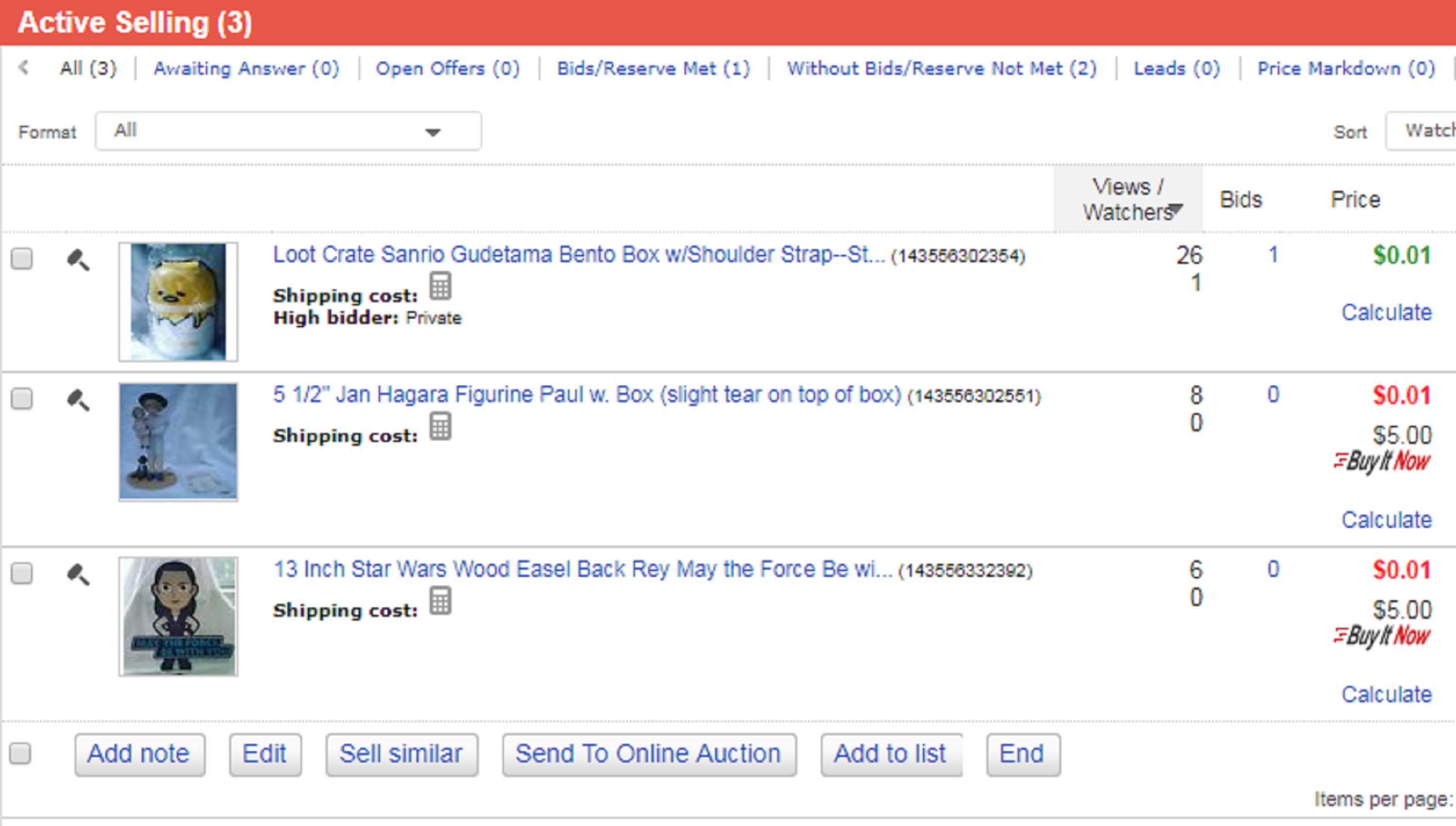 screencap of my ebay items with one bid screencap of my ebay items with one bid