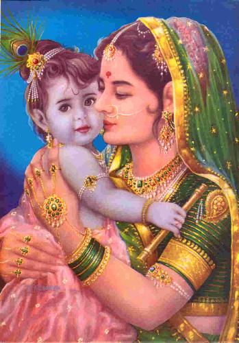 Krishna with Yasoda - Baby Krishna being held by His mother Yasoda.