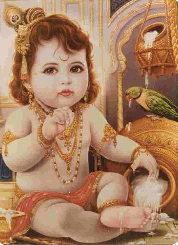 Krishna with parrot - Baby Krishna feeding His friendly parrot.