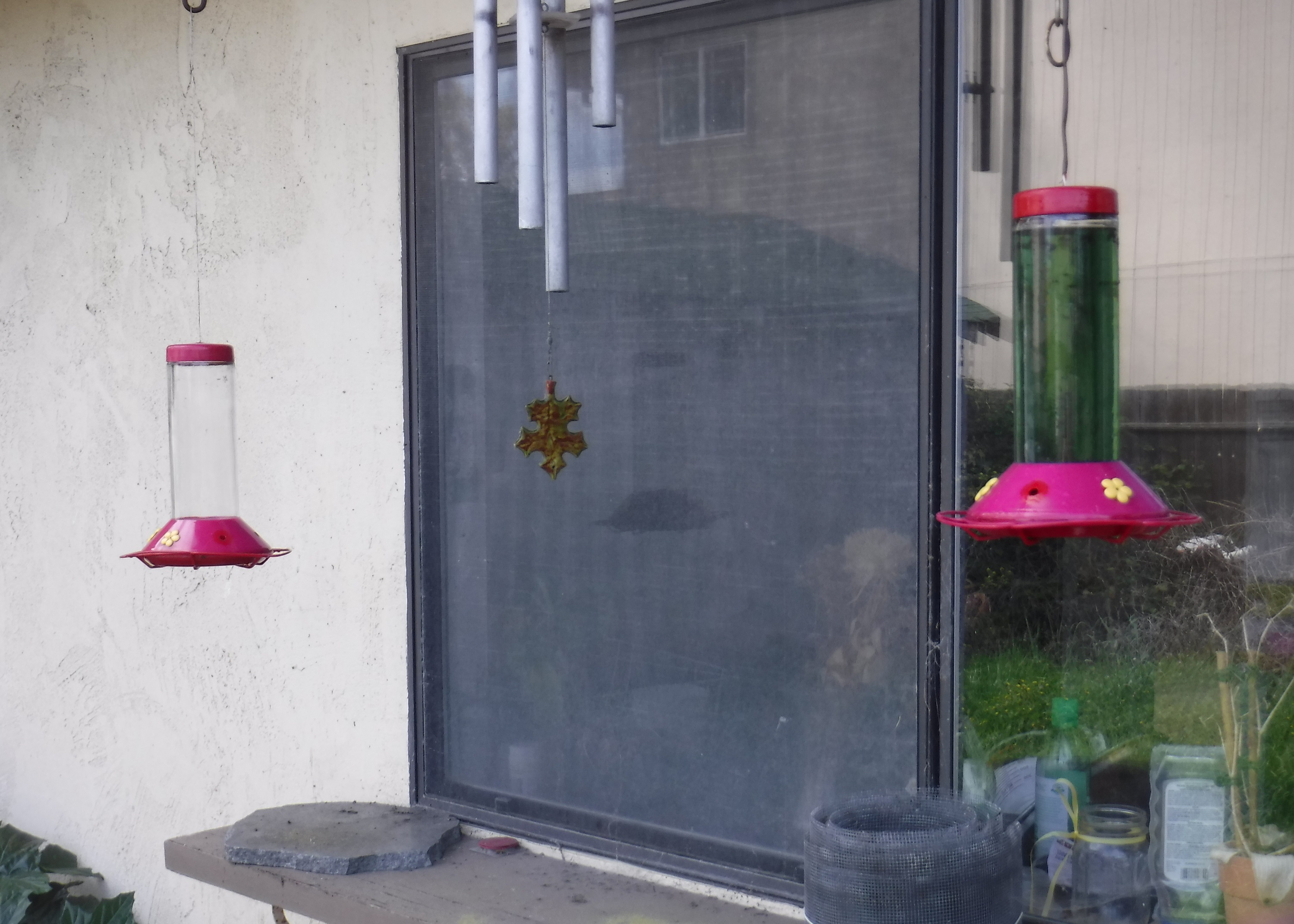 Picture of the two hummingbird feeders (one filled) outside the kitchen window Picture of the two hummingbird feeders (one filled) outside the kitchen window