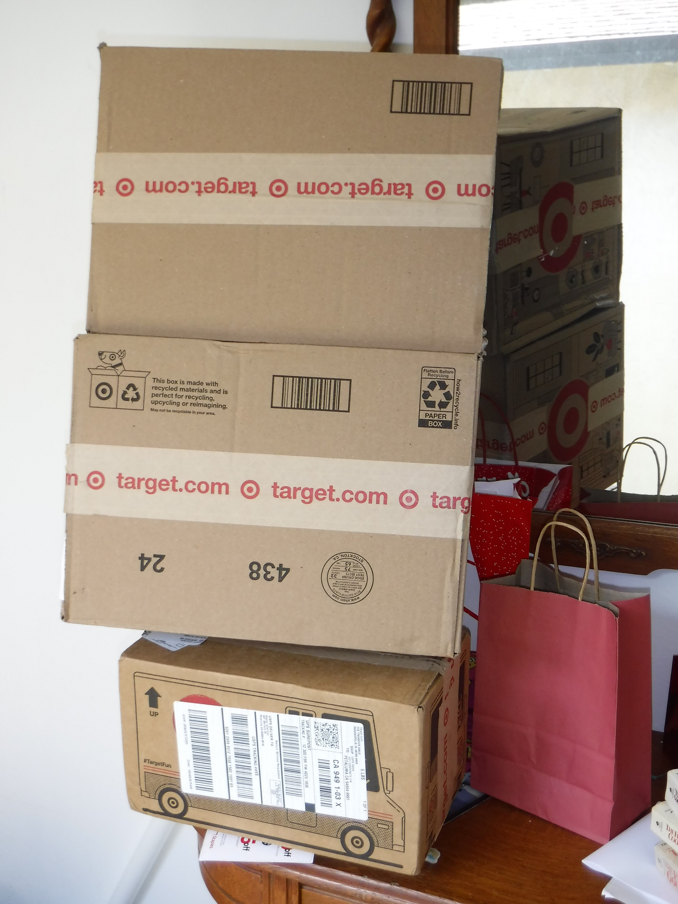 Photo taken by me of Target boxes after I brought them in. Photo taken by me of Target boxes after I brought them in.