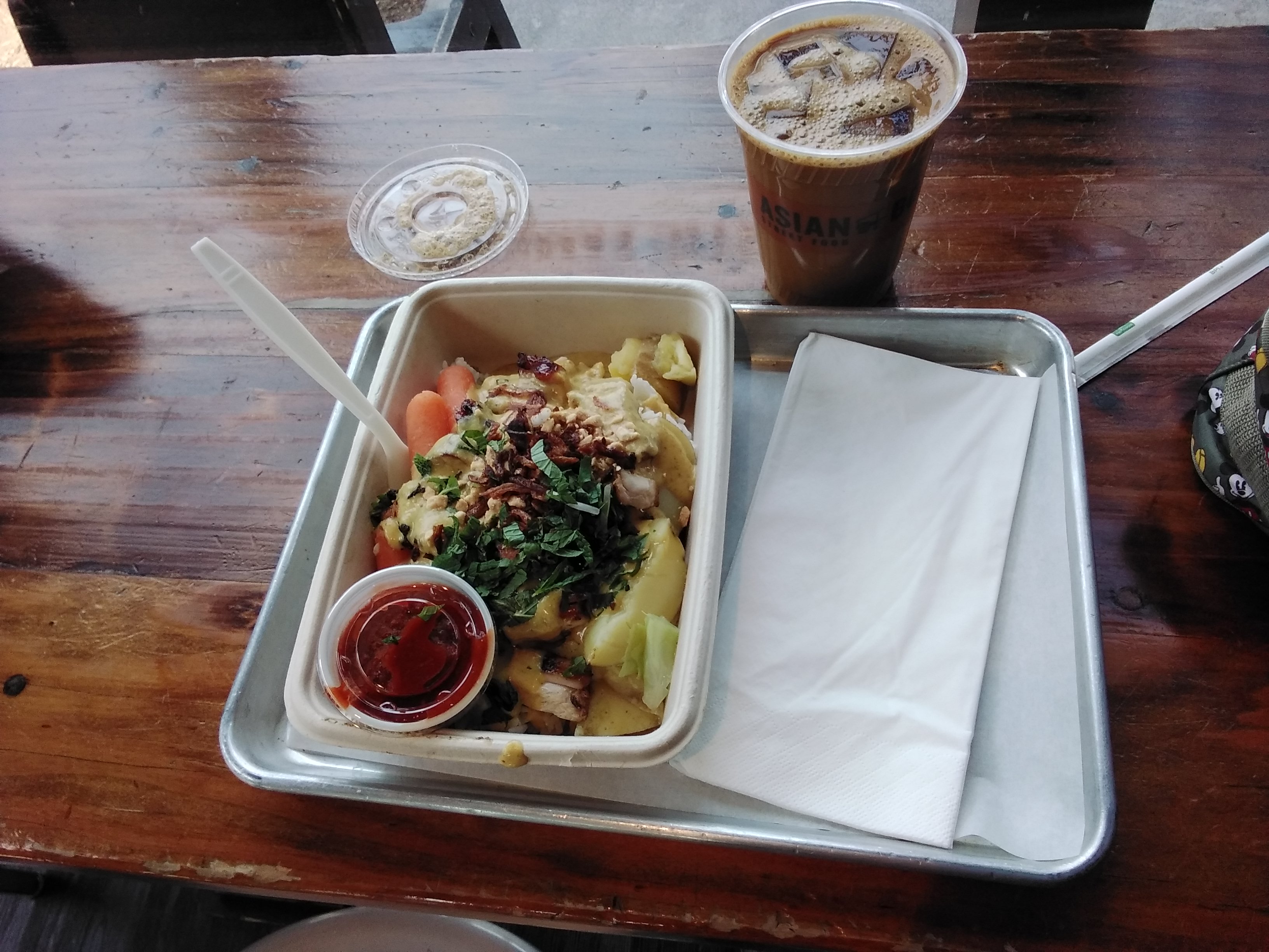 Asian box,takeout, thai iced tea,chicken curry ,potatoes Asian box,takeout, thai iced tea,chicken curry ,potatoes