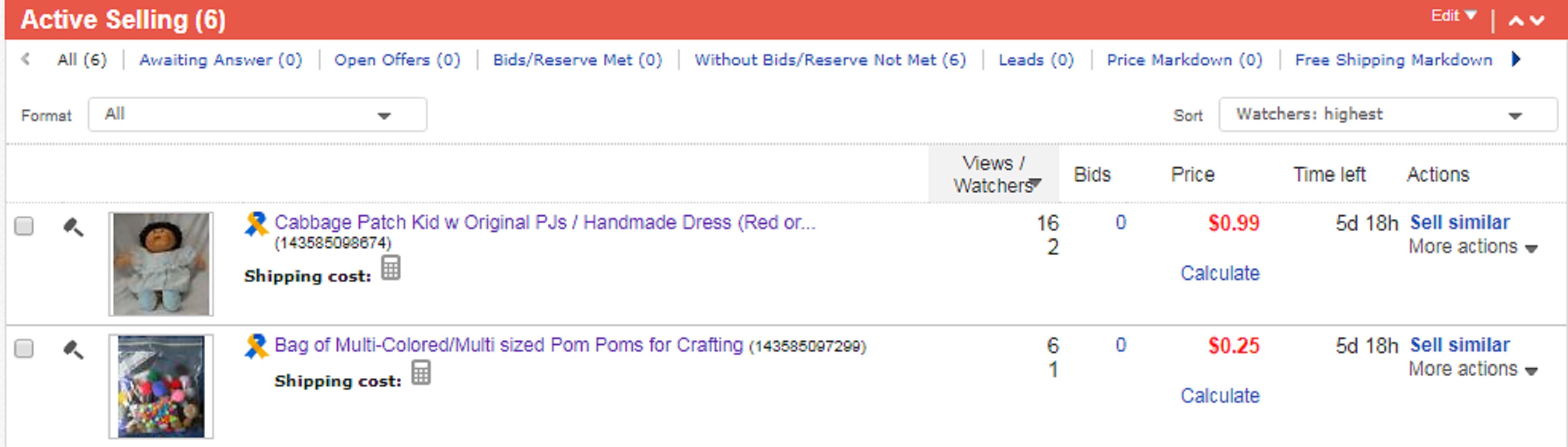 screen cap I took of my recent auctions at 10:03 pm PST