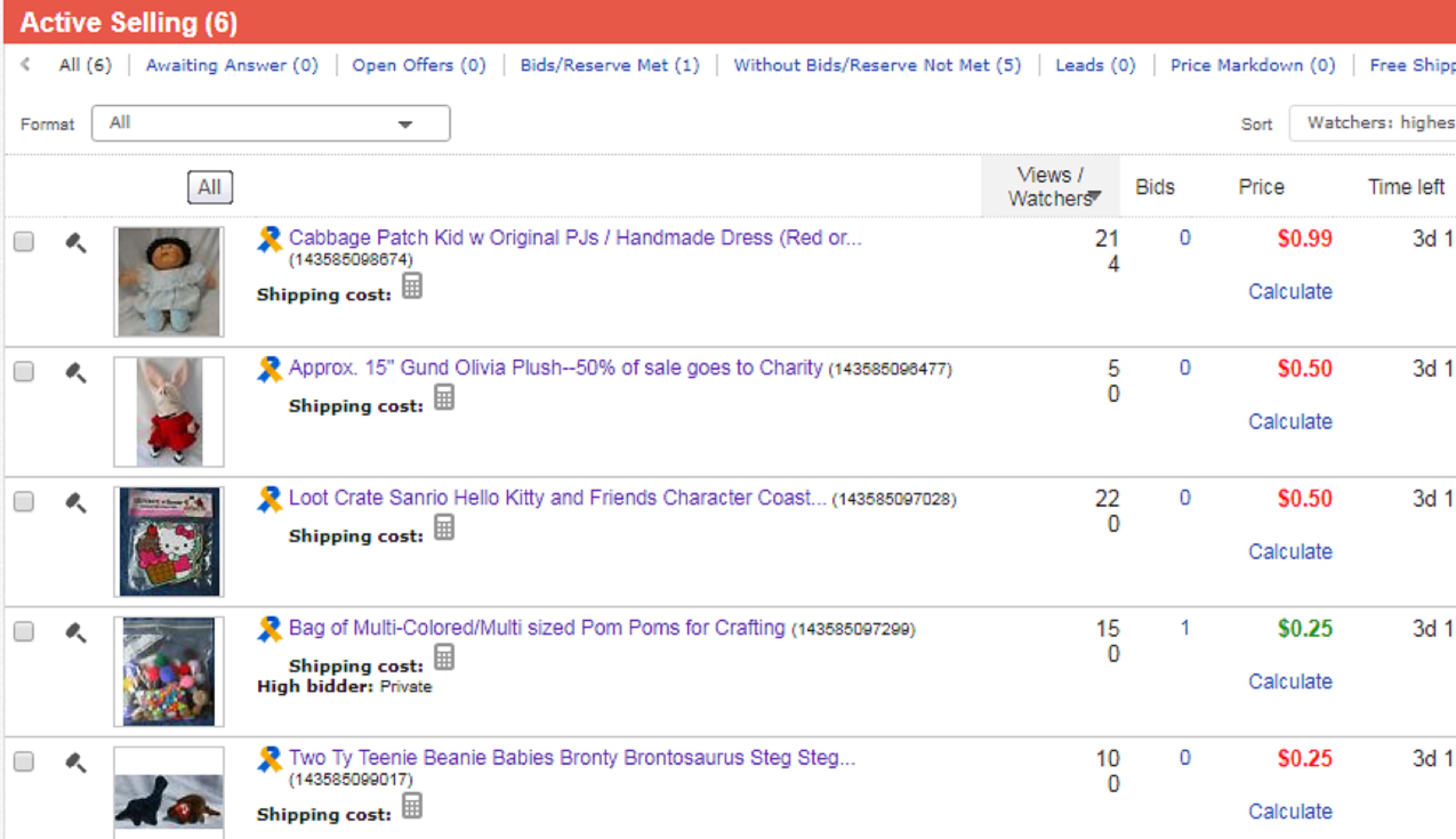 Screen cap of my current eBay auctions 10:05 pm PST Screen cap of my current eBay auctions 10:05 pm PST